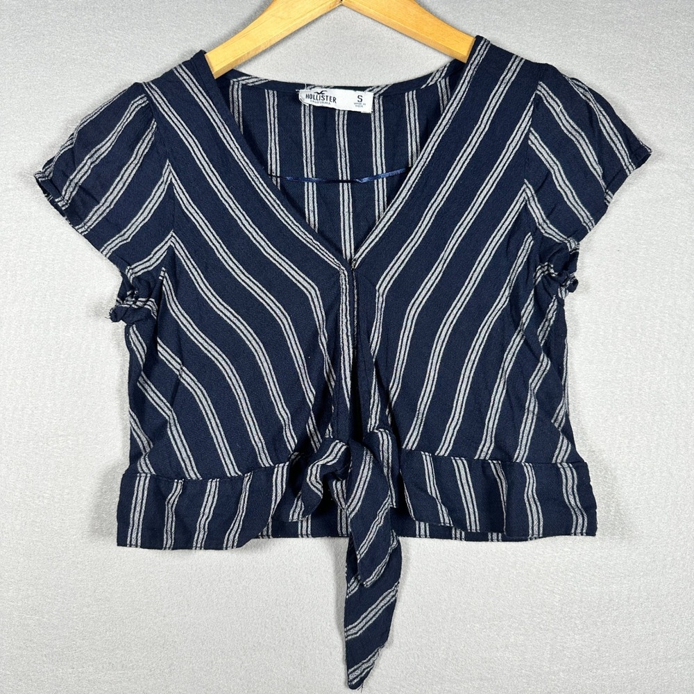 Hollister Womens Navy Blue White Striped Tie Front V-Neck Crop Top Blouse Small